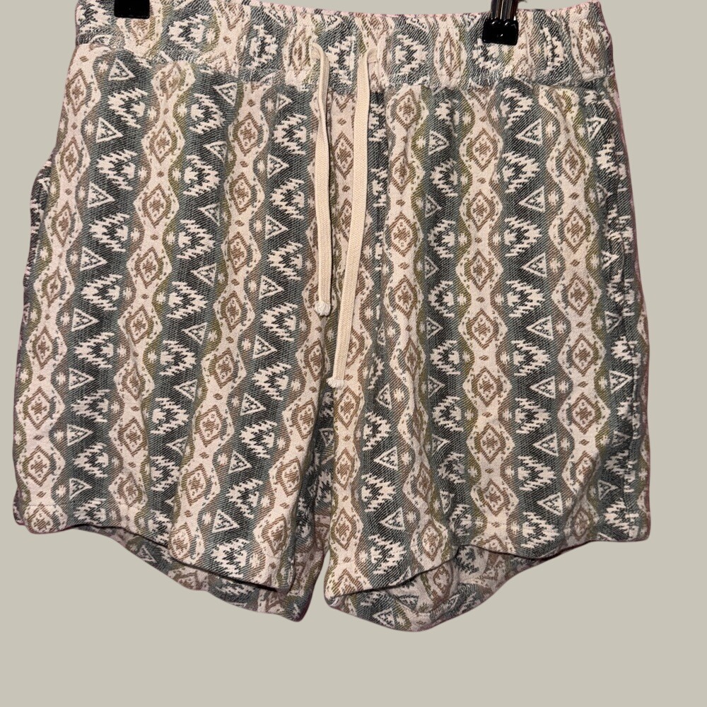 Zara Womens Small Geometric Aztec Print Knit Shorts Green Tan Drawstring Boho